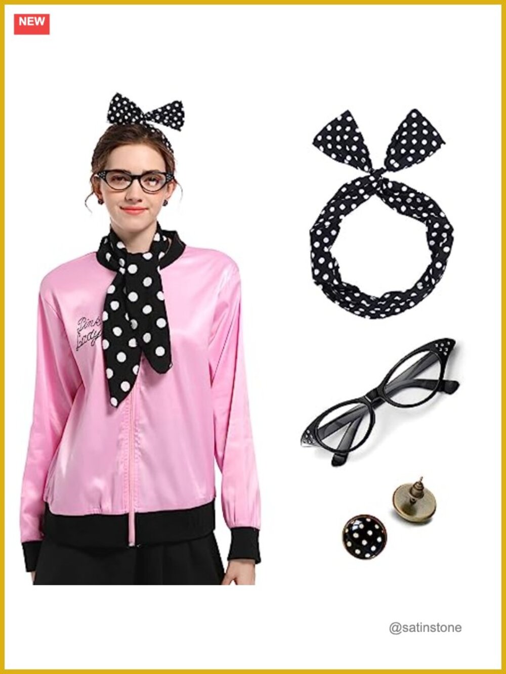 GIZMAC Pink Ladies Satin Jacket Costume Set 1950s Cosplay Accessories